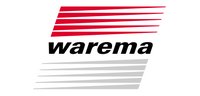 Logo von Warema mit rotem und grauem Streifenmuster über und unter dem Schriftzug „warema“ in schwarzer Schrift.